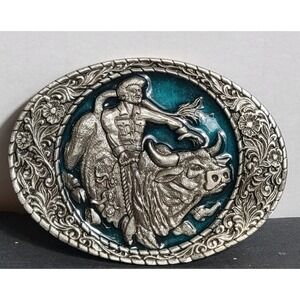 Vintage 1981 Belt Buckle Bucking Bull Rider Cowboy Rodeo Vintage Tortoise Inlay‎